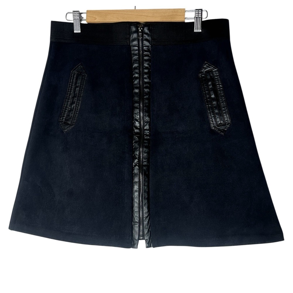 ECI New York Womens Black Faux Suede Skirt Large Mini Elastic Waist‎ Pull On